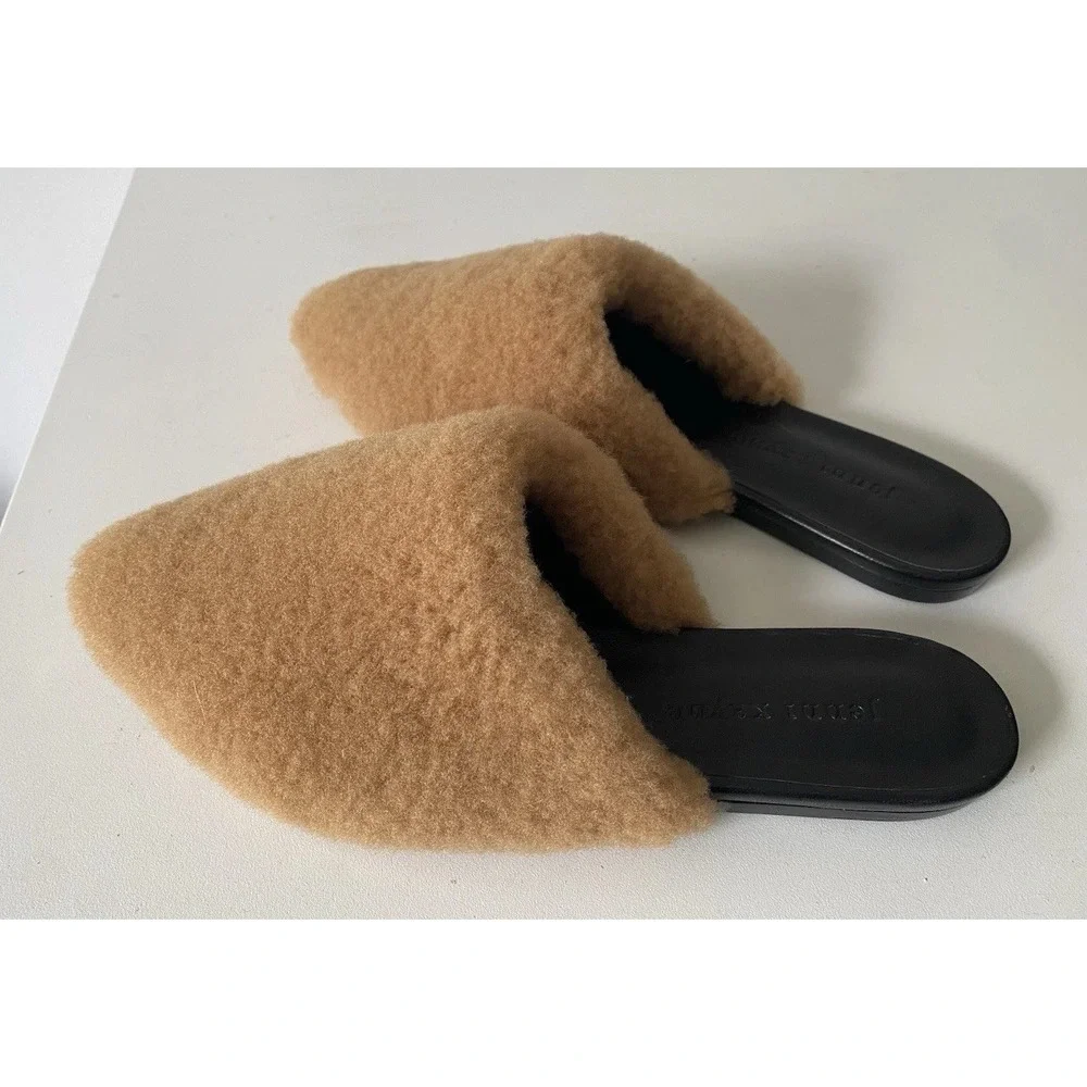 Jenni Kayne Shearling Mules US 7 EU 37 Tan Fur Slides Italy Quite Luxury